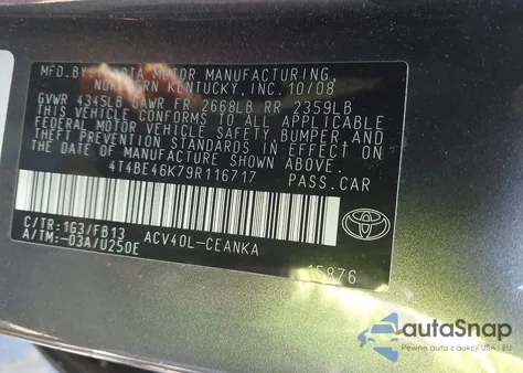 2009 Toyota Camry Le z USA, uszkodzony, nr VIN 4T4BE46K79R116717